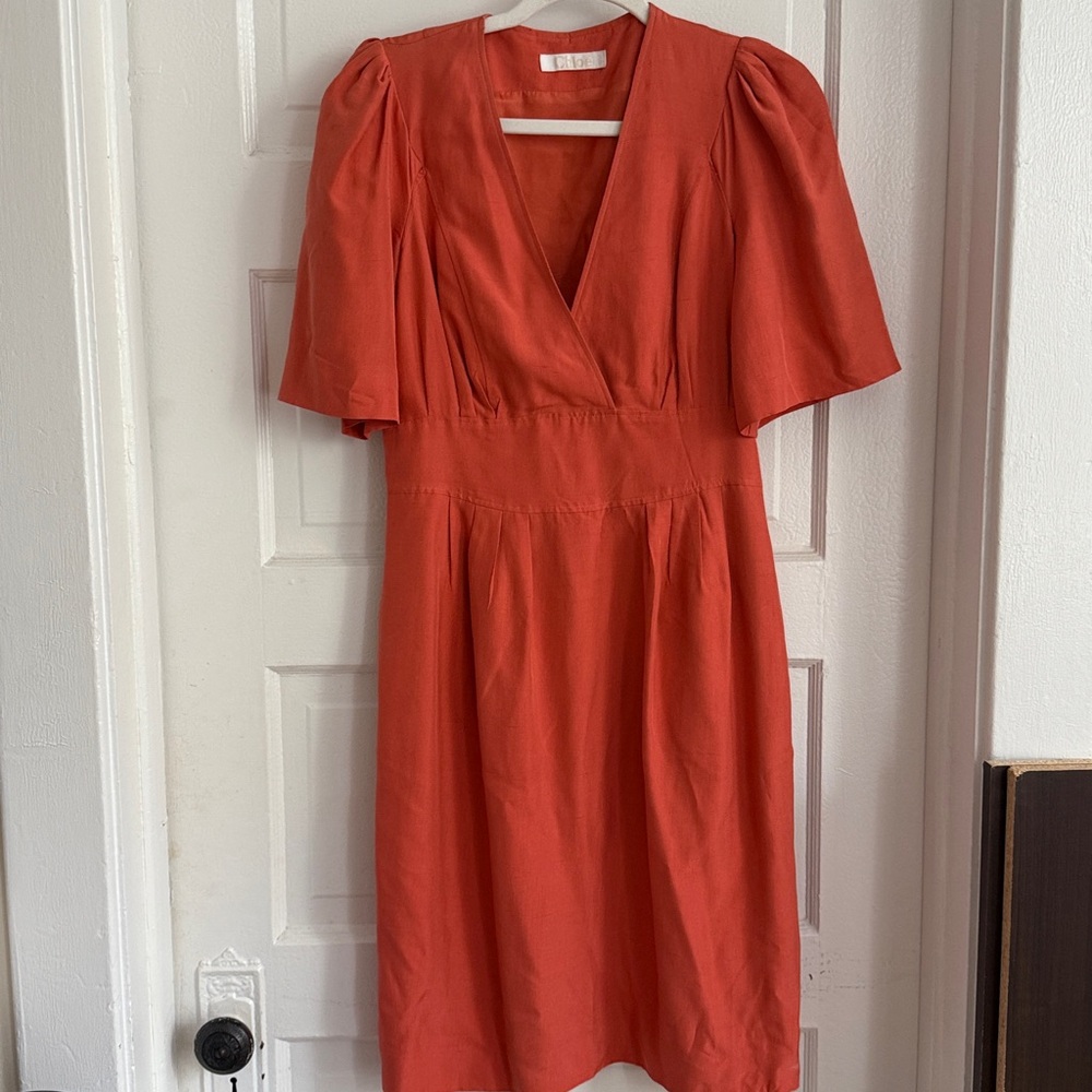 Chloe Pink-Orange Silk V-Neck Dress